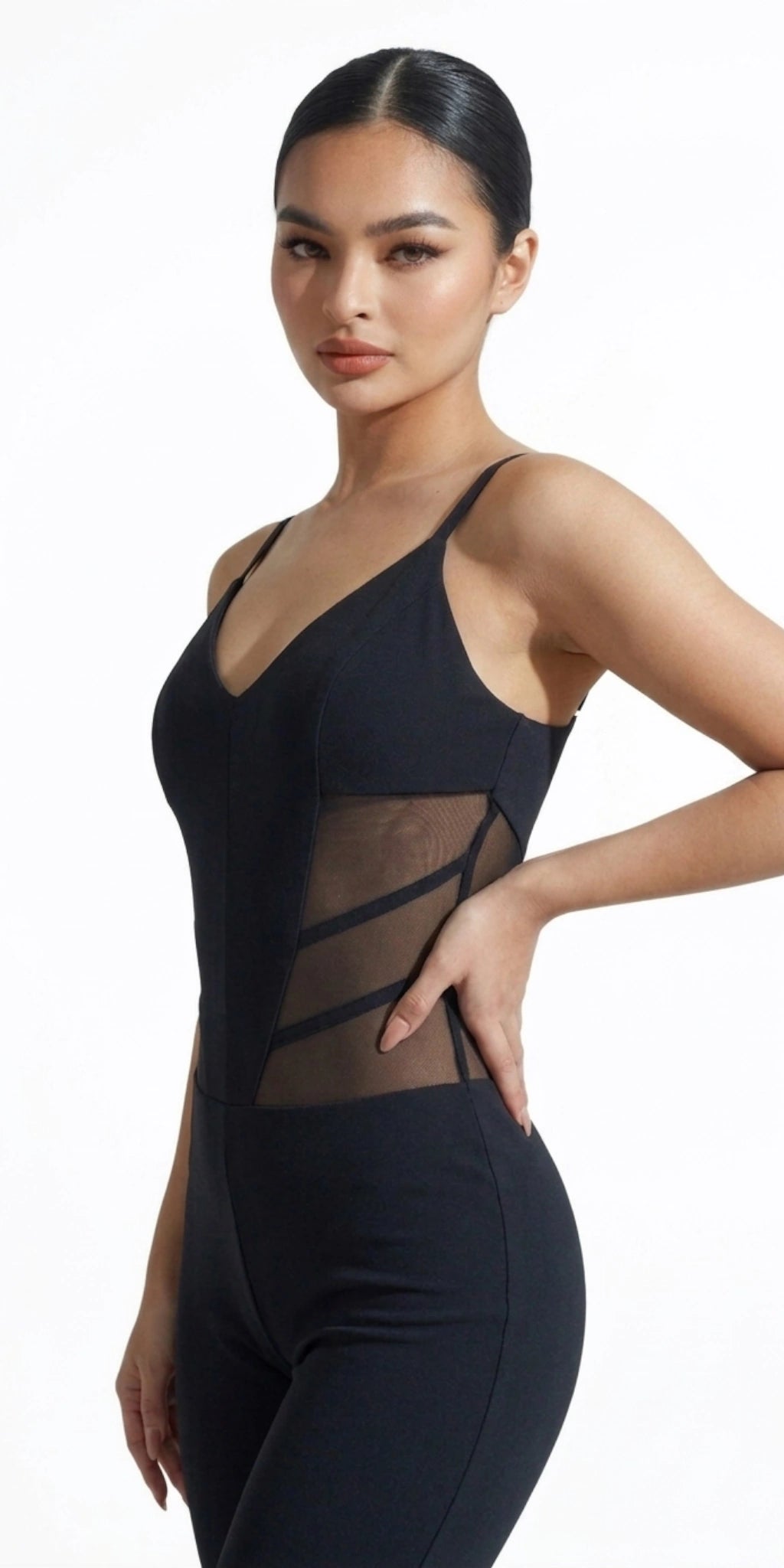 Corset Style Dance Jumpsuit with Mesh Inserts Half-turn