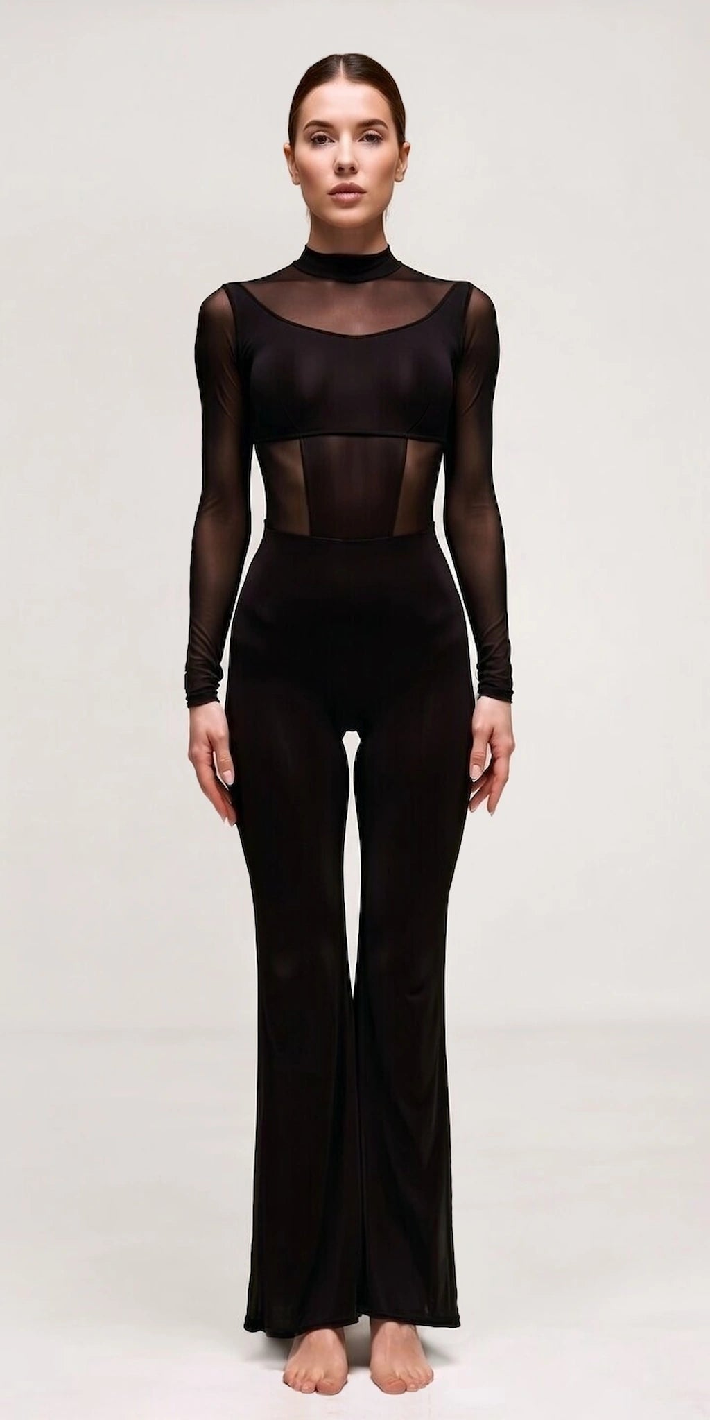 Танцювальний комбінезон з сітчастими вставками та кльошем від коліна