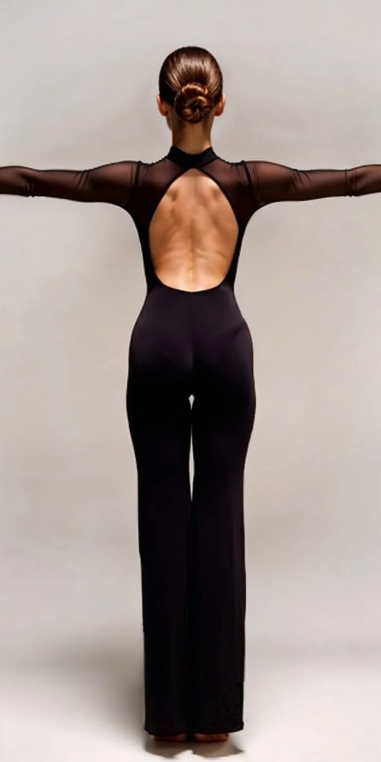 Танцювальний комбінезон з сітчастими вставками та кльошем від коліна