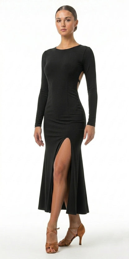 Ballroom dress with long sleeves, open back and slit - front view