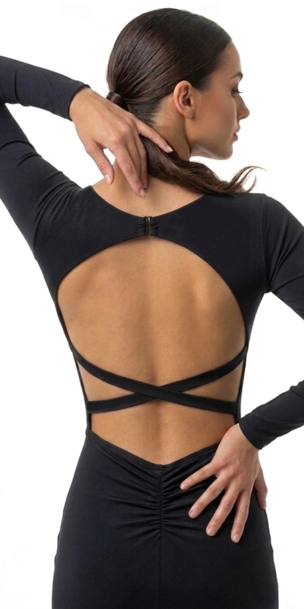 Ballroom dress with long open back and slit - rear view close up