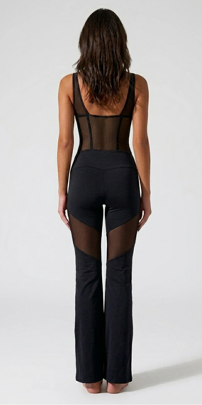 Black Dance Unitard with Corset Look & Flare Pants Back View
