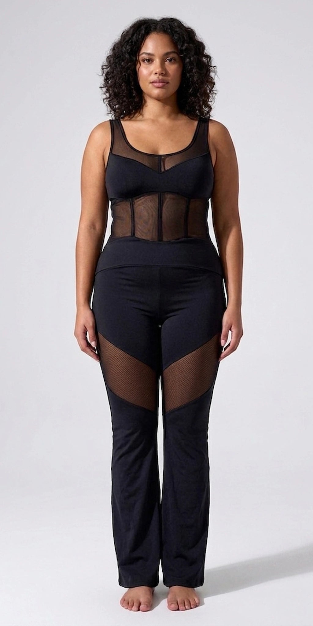 Black Dance Unitard with Corset Look & Flare Pants Front View XL
