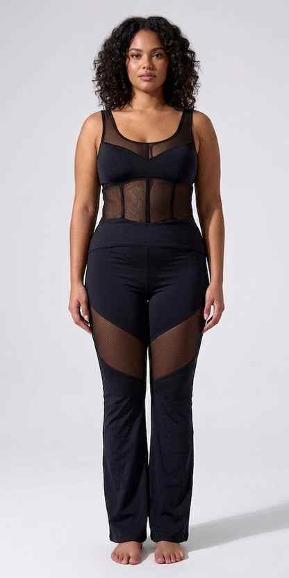 Black Dance Unitard with Corset Look & Flare Pants Front View XL