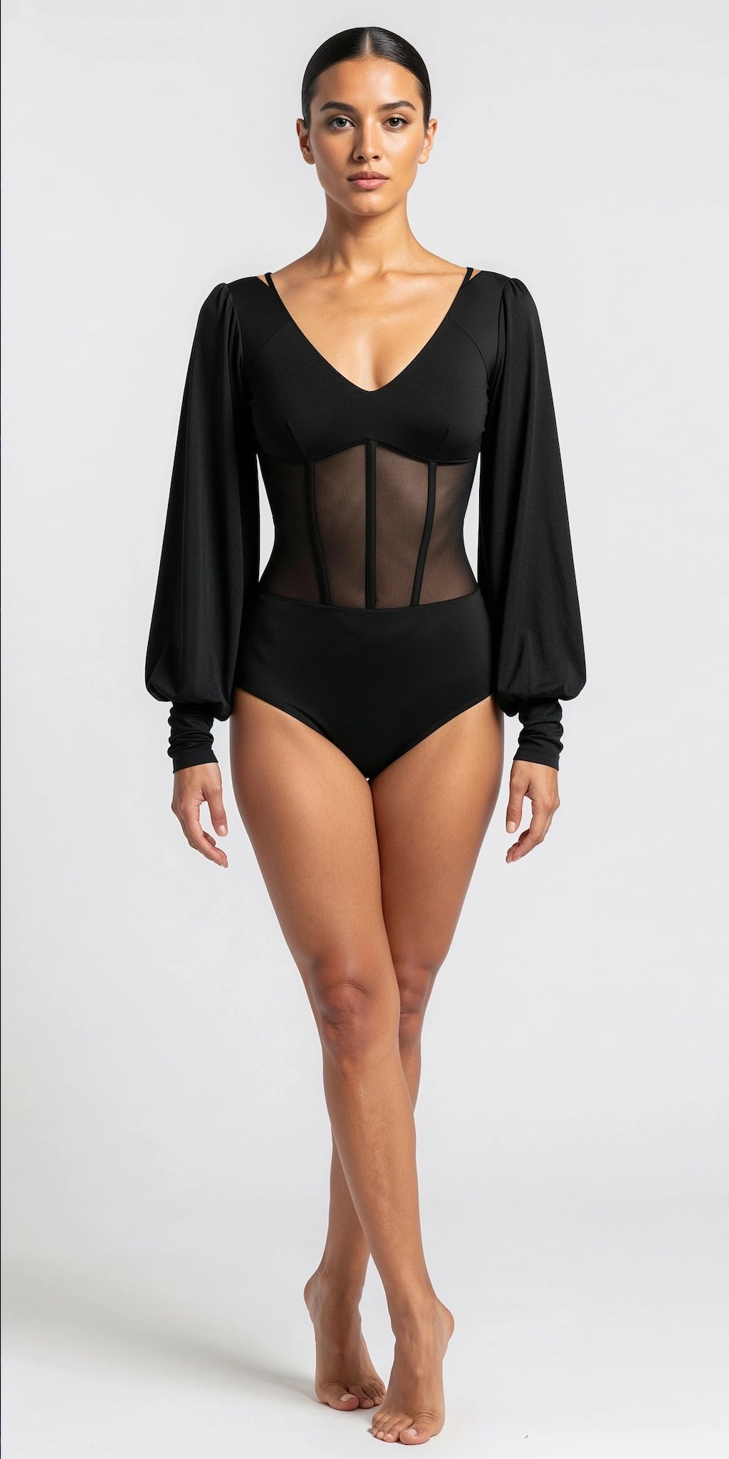 Corset-Style Bodysuit with Puff Sleeve and Open Back