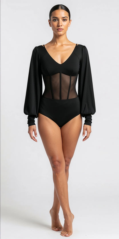Corset-Style Bodysuit with Puff Sleeve and Open Back