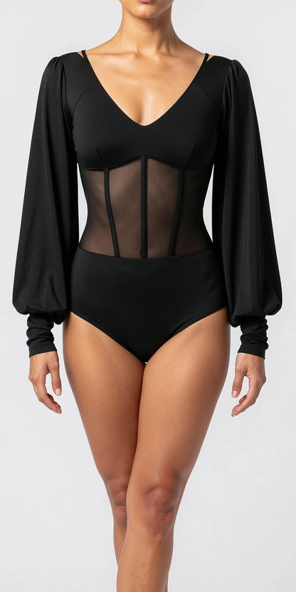 Corset-Style Bodysuit with Puff Sleeve and Open Back