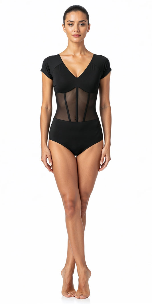 Corset-Style Dance Leotard with Short Sleeves