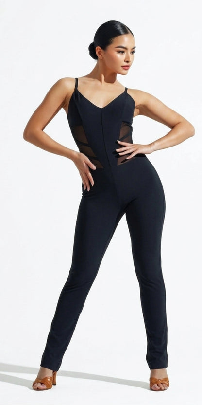 Corset Style Dance Jumpsuit with Mesh Inserts front view dance pose