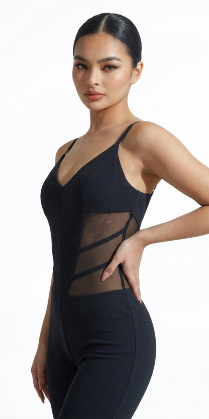 Corset Style Dance Jumpsuit with Mesh Inserts Half-turn