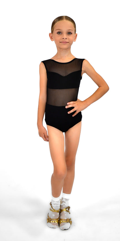 Sleeveless Knit Leotard with Mesh Inserts For Kids Girls