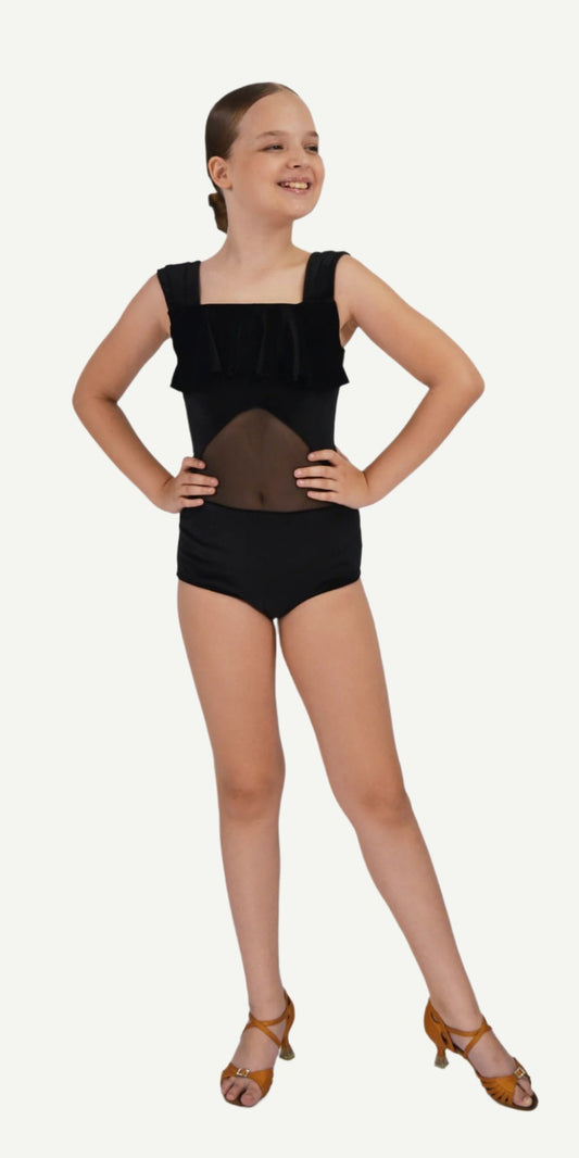 Stretch Velour and Mesh Leotard For Girls