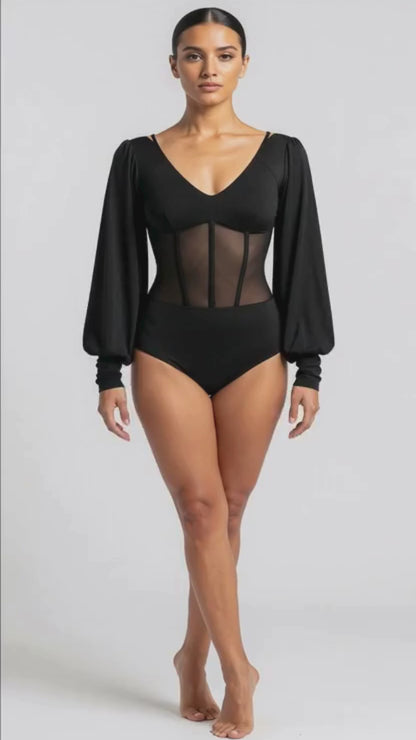 Corset-Style Leotard with Puff Sleeve and Open Back