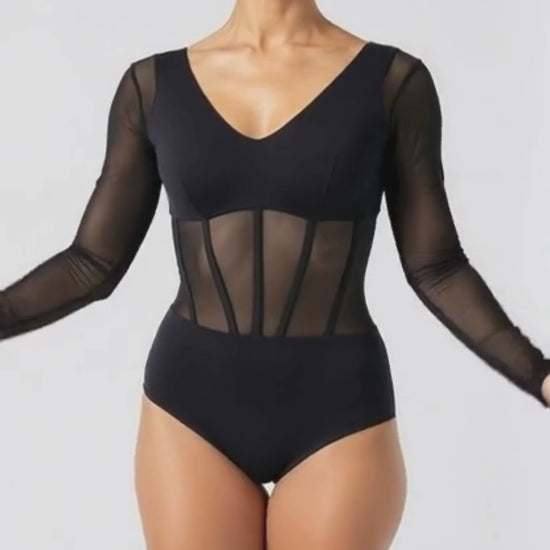 Corset-Style Dance Leotard with Mesh Long Sleeves