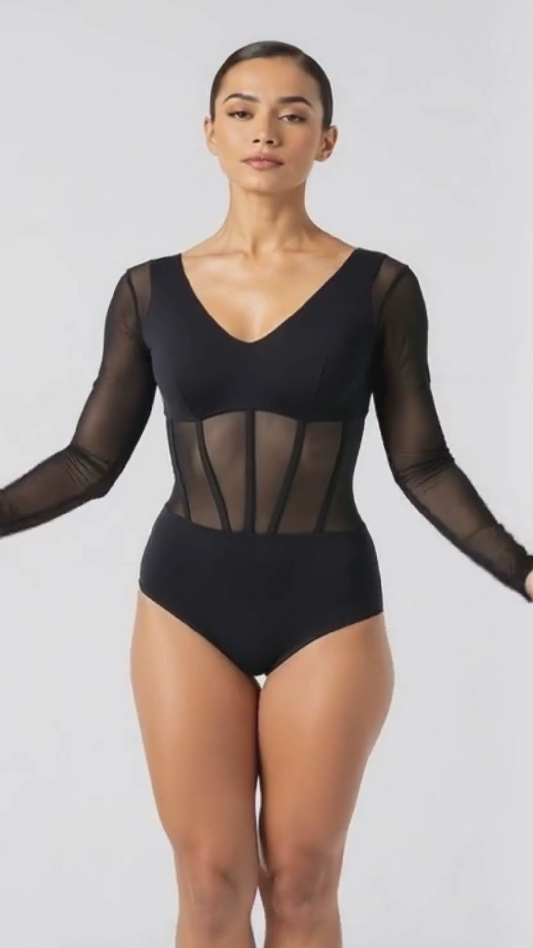 Corset-Style Dance Leotard with Mesh Long Sleeves