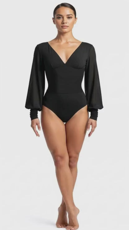 Leotard with Puff Sleeve and Open Back