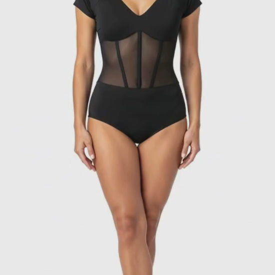 Corset-Style Dance Leotard with Short Sleeves